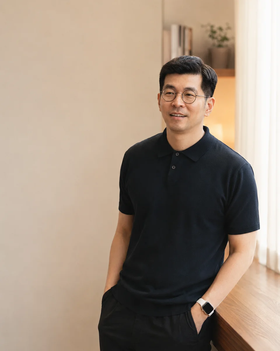 검은 폴로 셔츠를 입고 창가에 서 있는 배준호
